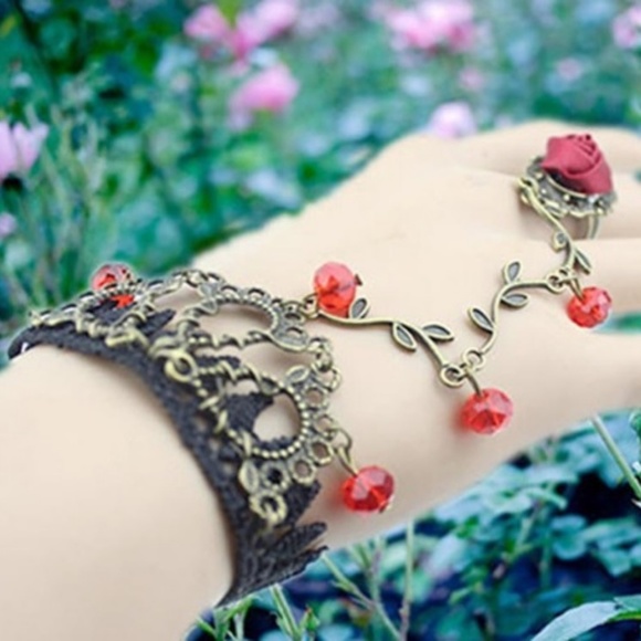 Gothic Red Rose Black Crochet Bracelet Ring Combo - Picture 3 of 7